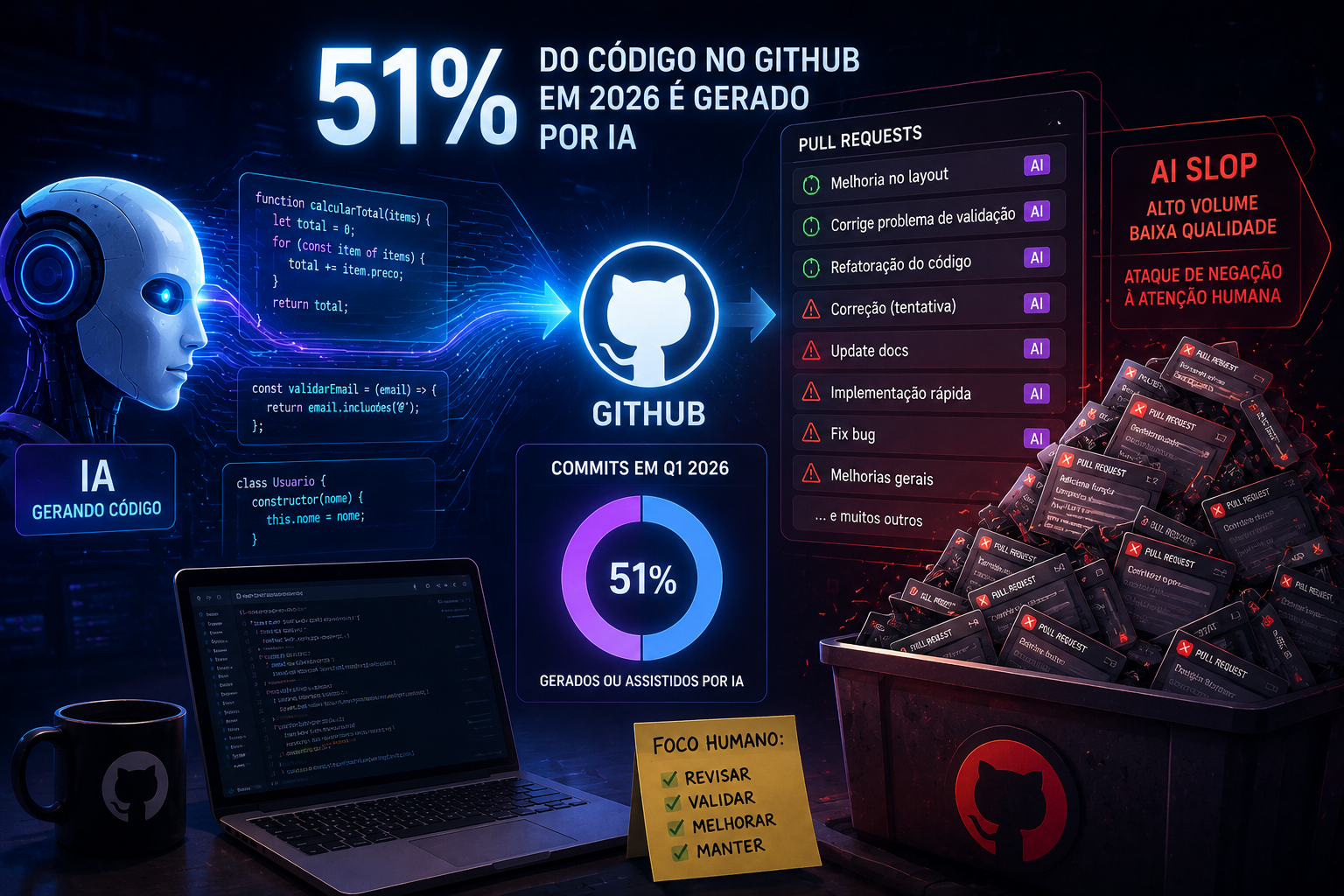 GitHub revela que mais da metade do código enviado em 2026 já é produzido com ajuda de inteligência artificial